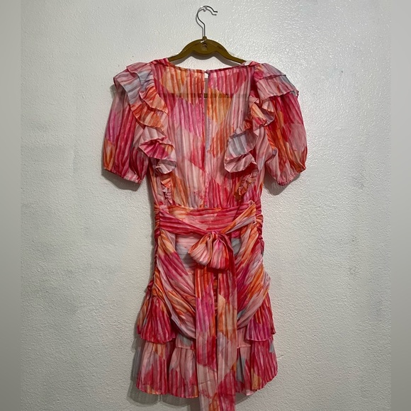 NWT L’atiste By Amy Womens M Multicolor Ruffle Mini Dress Deep V Puff Sleeve - Picture 5 of 14